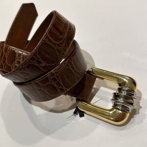 The Leather Shop brown gator print/embossed leather belt silver/gold buckle med